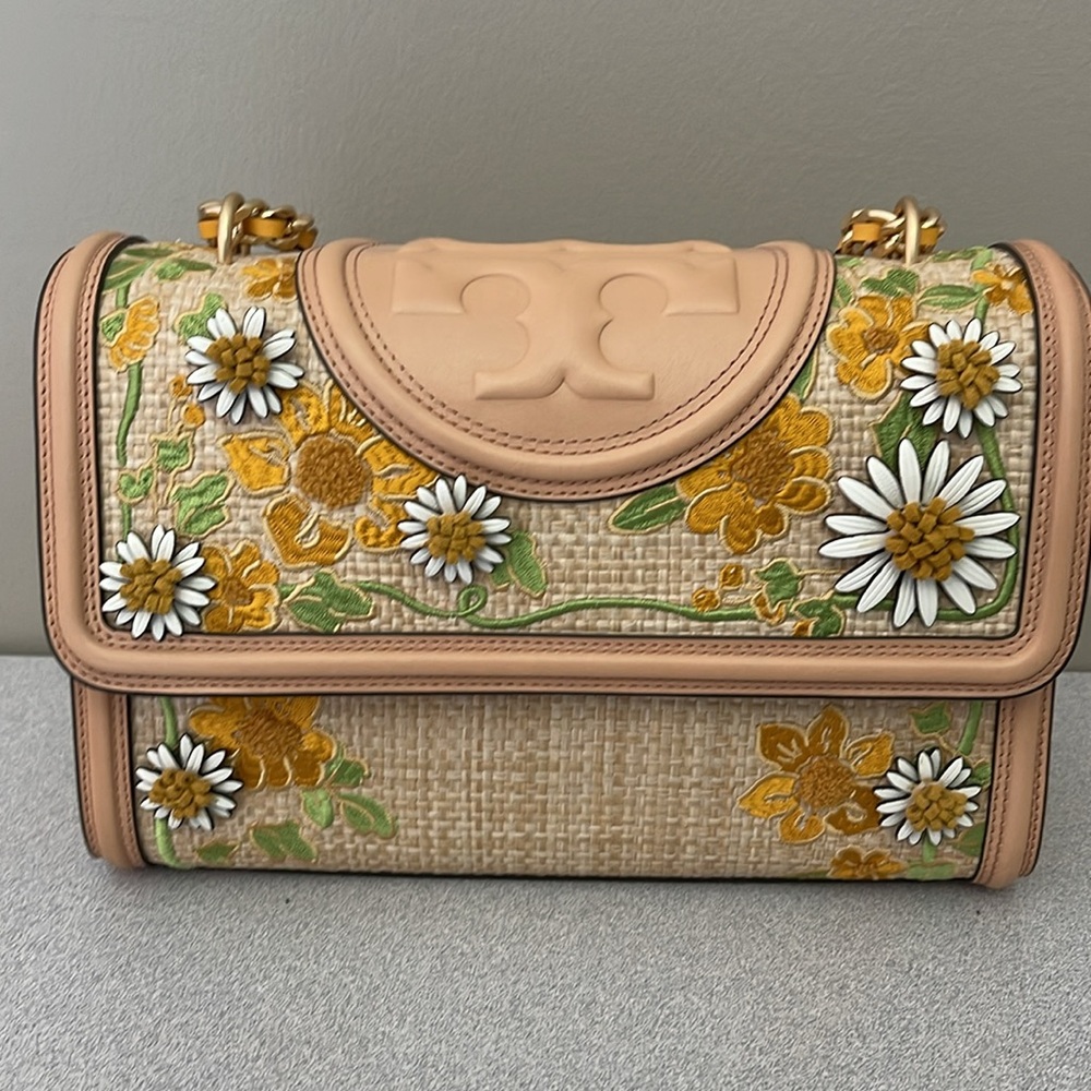 NWT Tory Burch Fleming Embroidered Straw Convertible Shoulder bag-natural